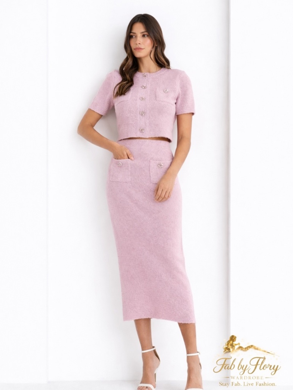Mable Soft Pink Knit Two-Piece Set with Rhinestone Buttons
